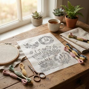 K&ouml;nnte beinhalten: Ein Stillleben mit Stickzubeh&ouml;r auf einem Holztisch. Enth&auml;lt ein gedrucktes Blumendesign, Stickgarn in verschiedenen Farben, einen h&ouml;lzernen Stickrahmen und eine Schere. Eine Tasse Tee und Topfpflanzen sind ebenfalls vorhanden.