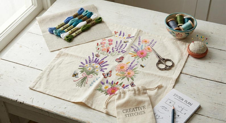 K&ouml;nnte beinhalten: Ein florales Stickprojekt mit einem cremefarbenen Stoff mit einem farbenfrohen Blumenstrau&szlig;-Design. Enth&auml;lt Stickgarn, eine kleine Schale mit Faden, eine Schere, ein Nadelkissen und einen kleinen Beutel mit dem Text "CREATIVE STITCHES".