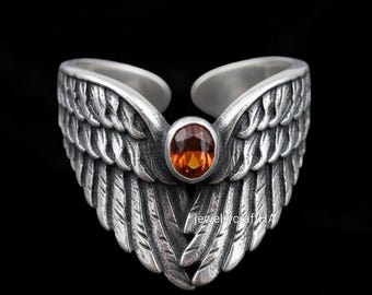 925 Sterling Silver Angel Wings Ring • Adjustable Feather Wrap Ring • Unisex Gift Jewelry