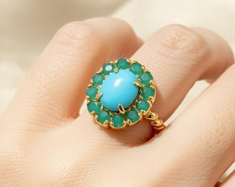 925 Sterling Silver Turquoise Ring, Victorian Ring, Natural Turquoise, Gold Flower Ring, Antique Ring, Turquoise Ring, Onyx Ring