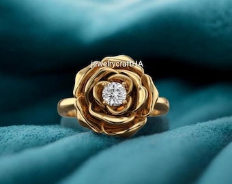 925 Sterling Rose Ring: Round Moissanite Anniversary Ring, Sterling Silver Rose Ring, Real 925 Sterling Silver Ring