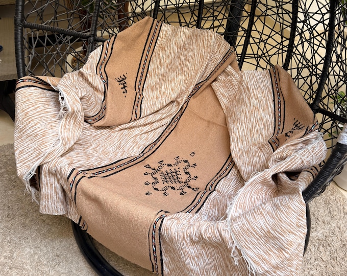 Featured listing image: Handwoven Berber Baby Wool Blanket — Baby Sheep & Dromedary Hair, Atlas Tattoo Motif, Agave Blend