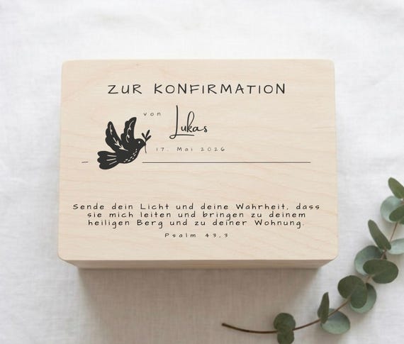 Personalisiertes Konfirmationsgeschenk, Erinnerungskiste Taube mit Name und Konfirmationsspruch, Holzkiste, Geschenk Junge Mädchen Patenkind