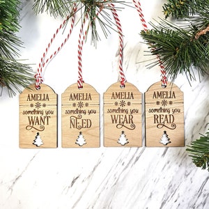 Custom Christmas Gift Tags | Personalized wood gift tags | Something you read | Something you need | Something you want | Something you wear
