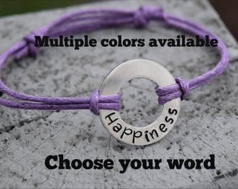Washer word bracelet.  Washer bracelet.  Choose any word adjustable bracelet.  Cotton cord bracelet. Personalized washer cord bracelet