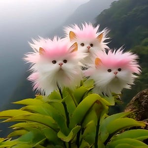 May include: Three whimsical, fluffy creatures with white fur and pink accents resembling kittens, perched atop green foliage. The background features a misty mountain landscape, creating a surreal and enchanting scene.