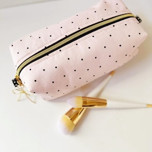 Pochette per cosmetici fatta a mano con pois rosa, trousse da viaggio in cotone