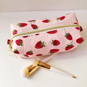 Quilted Strawberry Pattern Zipper Bag / Toiletry bag women /Travel makeup bag /Cosmetic bag for women/ Cotton makeup bag/ Boxy Makeup Bag
