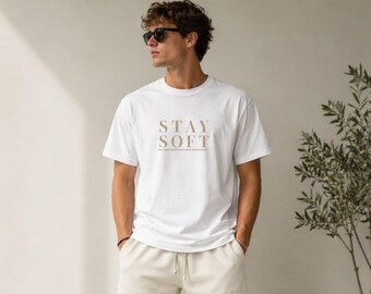 Stay Soft tee | Minimalist gold text shirt