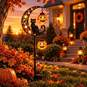 Black Cat Moon Solar Garden Stake Light with Pumpkin Lanterns, Halloween Outdoor Yard Decor