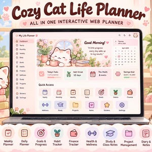 Interactive HTML Life Planner, Digital Cat Organizer, Productivity, Goals, Habits & Finance