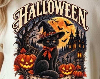 Halloween Witchy Cat Shirt, Retro October Tee, Comfort Colors T-Shirt