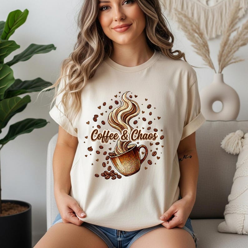 May include: A cream-colored short-sleeve t-shirt featuring a graphic print of a brown coffee mug with swirling steam rising from it. The text Coffee & Chaos is printed in brown script, surrounded by scattered coffee beans and small heart shapes.