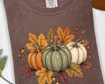 Vintage Botanical Pumpkin Comfort Colors Tee, Autumn Harvest Shirt