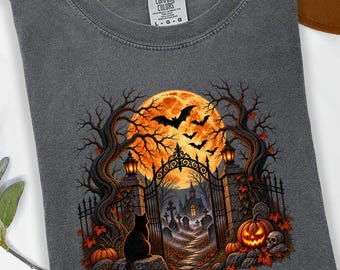 Gothic Halloween Cat Shirt, Haunted Castle Pumpkin Tee, Spooky Retro October Comfort Colors