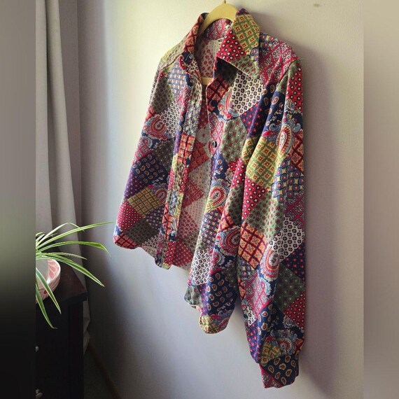 VTG 1970s Multi-Pattern Patchwork Button Down Shi… - image 3