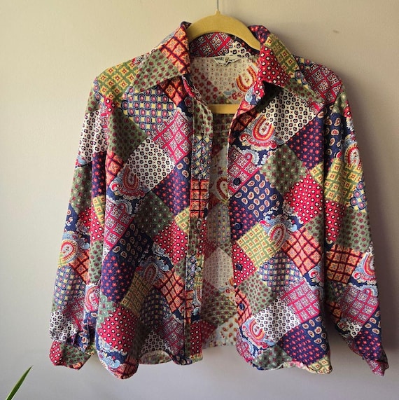 VTG 1970s Multi-Pattern Patchwork Button Down Shi… - image 1