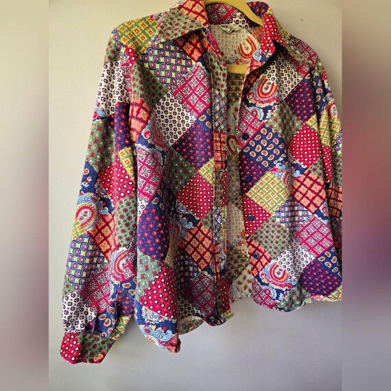VTG 1970s Multi-Pattern Patchwork Button Down Shi… - image 2
