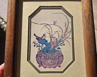 Vintage Chinoiserie Inramade Tryck Set med 2 Asiatisk Fågel & Bonsai Blommor Träkonst