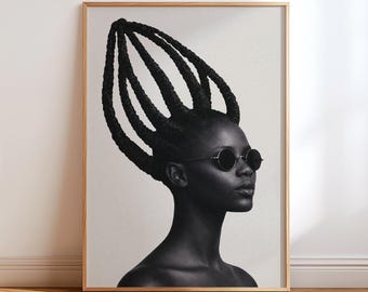 Afrocentric Wall Art, Sculptural Black Woman Portrait, African Threading Modern Black Wall Decor, Digital Print