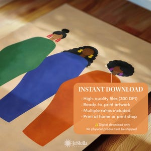 May include: Abstract art print featuring three stylized figures in green, blue, and orange. Each figure has a dark hairstyle and earrings. The artwork is a digital download, ready to print at home or a print shop.