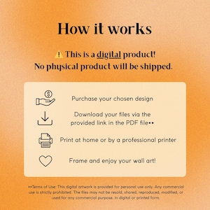 May include: An orange and cream-colored graphic with the text "How it works" at the top. The image details the steps to purchase and use a digital product, including downloading, printing, and framing.