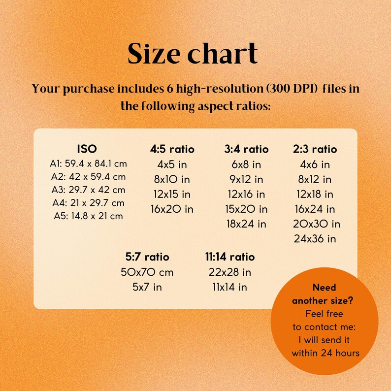 May include: A size chart graphic with an orange gradient background displaying six high-resolution 300 DPI files in various aspect ratios including ISO, 4:5, 3:4, 2:3, 5:7, and 11:14. It lists specific dimensions in inches and centimeters for each ratio.