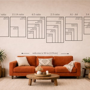 May include: A wall chart displaying various print aspect ratios including 5:7, 11:14, 4:5, 2:3, A1-A4, and 3:4 with specific dimensions in inches and centimeters. Below, an orange three-seat sofa measuring 90 inches wide is shown.