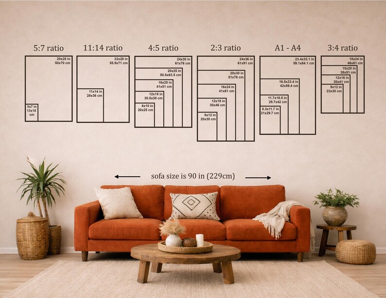 May include: A wall chart displaying various print aspect ratios including 5:7, 11:14, 4:5, 2:3, A1-A4, and 3:4 with specific dimensions in inches and centimeters. Below, an orange three-seat sofa measuring 90 inches wide is shown.