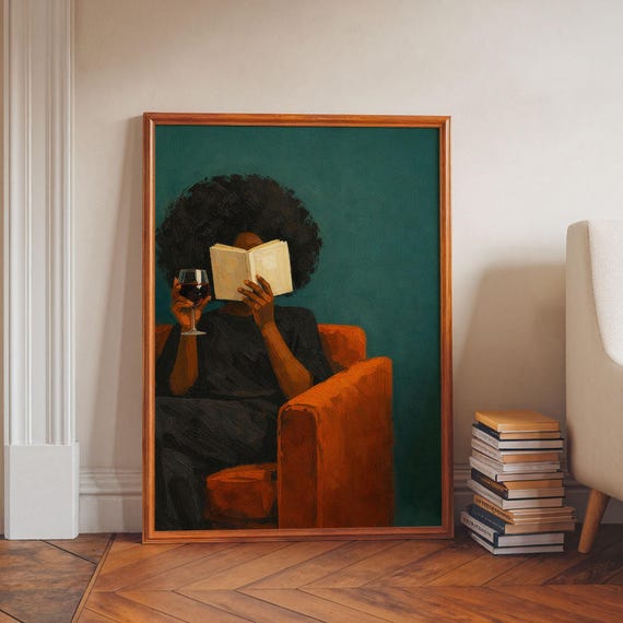 Affiche murale afrocentrique, décoration de coin lecture, femme noire lisant un livre, décoration murale afro-américaine à télécharger
