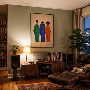 May include: A cozy living room scene with a mid-century modern aesthetic. Features a framed artwork with three figures in green, blue, and orange. A record player, speakers, and a leather armchair complete the setup. A lamp and a potted plant add warmth.