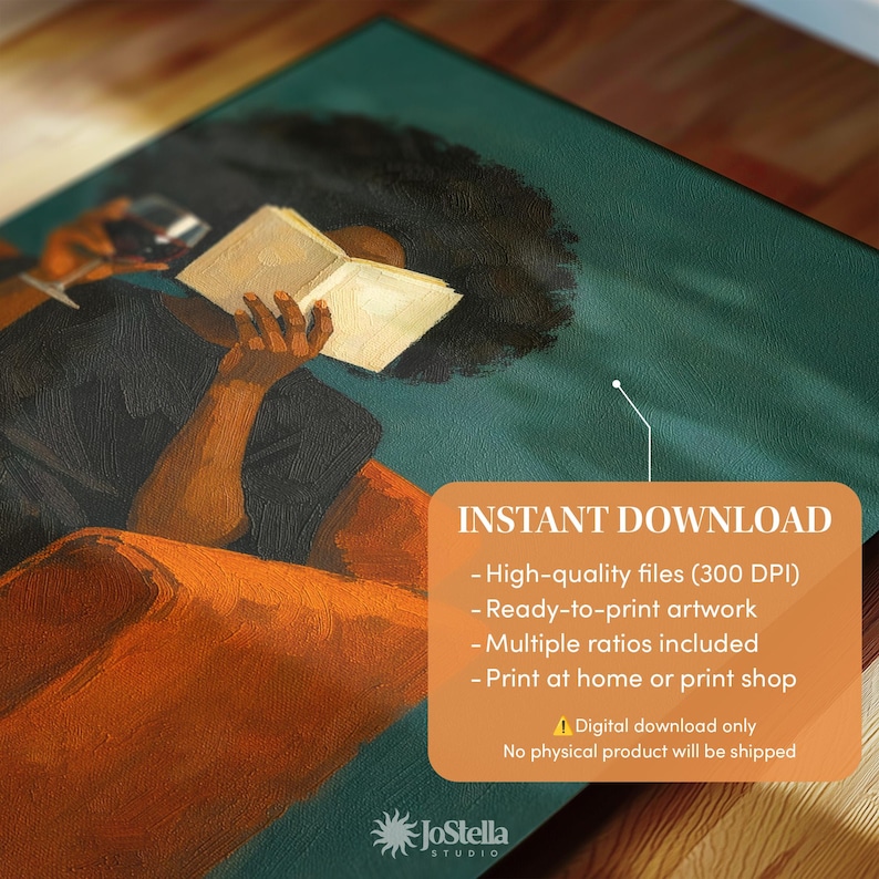May include: A digital art print featuring a person with dark curly hair reading an open book while holding a glass of red wine. The artwork uses a deep teal background and an orange foreground. Text reads: INSTANT DOWNLOAD, High-quality files (300 DPI), Ready-to-print artwork, Multiple ratios included, Print at home or print shop, Digital download only, No physical product will be shipped.