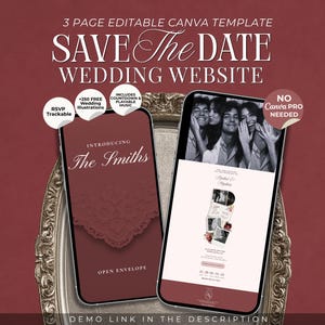 Könnte beinhalten: Eine 3-seitige bearbeitbare Canva-Vorlage für eine Hochzeitswebsite mit einem dunkelroten digitalen Umschlagdesign mit dem Text 'Introducing The Smiths' und einer mobilen Schnittstelle, die ein Schwarz-Weiß-Foto eines Paares zeigt.