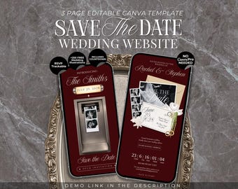 Burgundy Photobooth Save The Date Website Template Countdown Timer: Old Money Classic Invitation Vintage Retro Wedding Canva Template