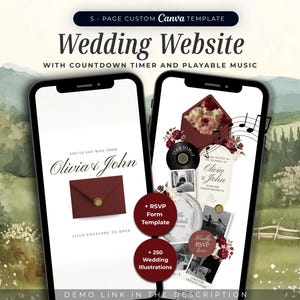 Burgundy and Ivory Wedding Website Template Canva I Editable Digital Invitation with RSVP, Countdown, and Music I Floral Old Money Wedding