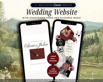 Burgundy and Ivory Wedding Website Template Canva I Editable Digital Invitation with RSVP, Countdown, and Music I Floral Old Money Wedding