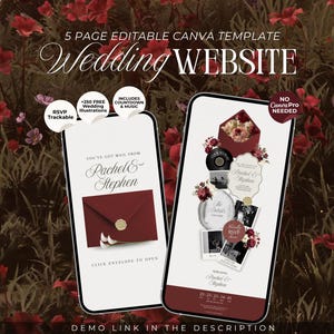 Op de afbeelding: Een 5-pagina bewerkbare Canva-sjabloon voor een trouwwebsite weergegeven op twee smartphones. De schermen tonen een donkerrode envelop met een gouden zegel, bloemaccenten, zwart-witfoto's en tekst waaronder Rachel & Stephen, RSVP en countdown.