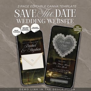 Könnte beinhalten: Eine 3-seitige bearbeitbare Canva-Vorlage für eine Hochzeitswebsite mit einem Save-The-Date-Design. Die digitale Anzeige zeigt dunkle Hintergründe mit weißem Text, eine Spitzenherzgrafik und Umschlagillustrationen. Enthält RSVP- und Countdown-Funktionen.