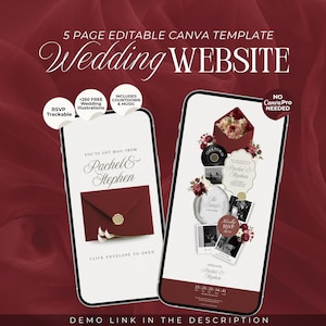 Può includere: Un modello di sito web per matrimoni Canva modificabile di 5 pagine visualizzato su due smartphone. Il design presenta una tavolozza di colori rosso scuro, accenti floreali e testo tra cui "Wedding WEBSITE", "Rachel & Stephen" e "RSVP Trackable".