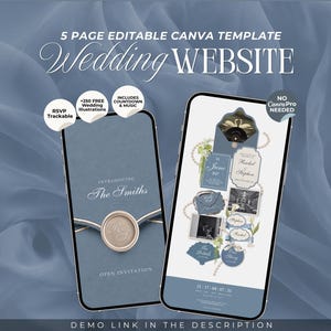 Op de afbeelding: Een 5-pagina's tellende bewerkbare Canva-sjabloon voor een trouwwebsite, weergegeven op twee smartphones. De schermen tonen uitnodigingsontwerpen in blauwtinten met tekst zoals "Introducing The Smiths", "RSVP Trackable" en "No Canva Pro Needed".