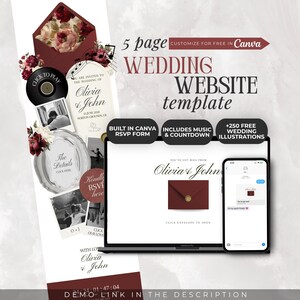 Modello di sito web per matrimonio bordeaux e avorio su Canva | Invito digitale modificabile con RSVP, conto alla rovescia e musica | Matrimonio floreale in stile old money