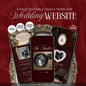 Peut inclure: Un modèle Canva modifiable de 5 pages pour un site web de mariage avec un thème rouge foncé. L'affichage numérique présente diverses mises en page, dont un graphique de tourne-disque, le texte The Smiths et des options RSVP.