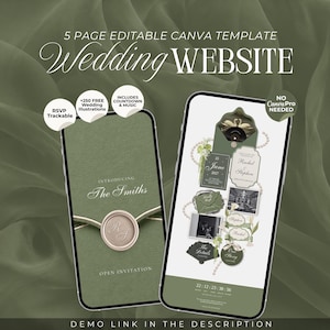 Puede incluir: Una plantilla de sitio web de bodas de 5 páginas editable en Canva mostrada en dos teléfonos inteligentes. El diseño presenta fondos verde salvia, gráficos de sellos de cera y texto que incluye "Wedding Website" y "The Smiths".