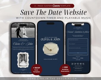 Modèle de site Web de mariage « Save the Date » bleu marine Old Money Invitation numérique modifiable Canva I avec RSVP, compte à rebours et musique