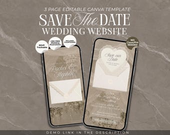 May include: Two smartphones displaying a 3-page editable Canva template for a wedding website. The screens show a Save the Date design with an envelope graphic, lace details, and text including Rachel and Stephen. Includes RSVP and countdown features.