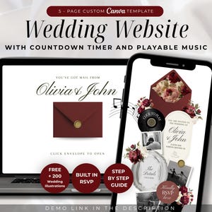 Puede incluir: Una plantilla de sitio web de bodas de 5 páginas personalizable en Canva, mostrada en una computadora portátil y un teléfono inteligente. El diseño incluye un sobre rojo oscuro, gráficos florales y texto como "Wedding Website" y "Olivia & John".