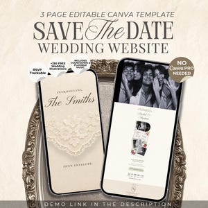 Op de afbeelding: Een 3-pagina bewerkbare Canva-sjabloon voor een trouwwebsite, met een Save The Date-ontwerp. Het digitale display toont een mobiele interface met de tekst Introducing The Smiths, Open Envelope en een fotocollage van een koppel.