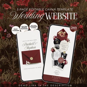 Hochzeitswebsite-Vorlage in Burgunderrot und Elfenbein (Canva) | Bearbeitbare digitale Einladung mit RSVP, Countdown und Musik | Florale Hochzeit im Stil der alten Schule