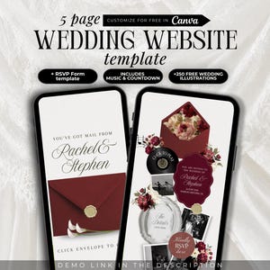 Op de afbeelding: Een 5-pagina trouwwebsite-sjabloon weergegeven op twee smartphones. De schermen tonen een bordeauxrode envelop met een waszegel, bloemafbeeldingen en tekst waaronder "You've got mail from Rachel & Stephen" en "Kindly RSVP here."