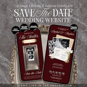 Burgundy Photobooth Save The Date Website Template Countdown Timer: Old Money Classic Invitation Vintage Retro Wedding Canva Template
